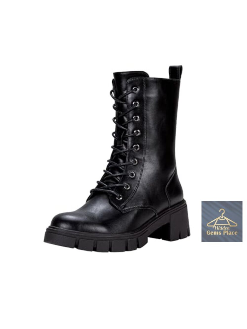 Mid Calf Combat Lace Up Chunky Platform Boots Faux Leather
